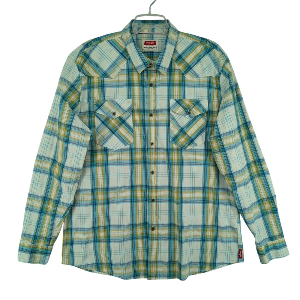 Wrangler Western Snap Shirt XL Blue Yellow Plaid Long Sleeve Cowboy Ranch‎ Rodeo